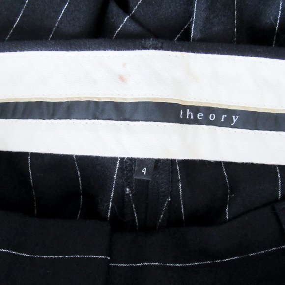 SOLD THEORY Black Pinstripe Flare Trousers Low Rise Wool Dress Pants Essential - Picture 6 of 13